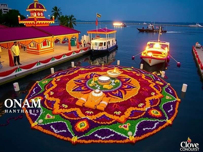 Clove Conquest - Onam Spice Festival Clove Conquest Onam event showing a decorated Kochi port with flower rangoli and a boat race in the background