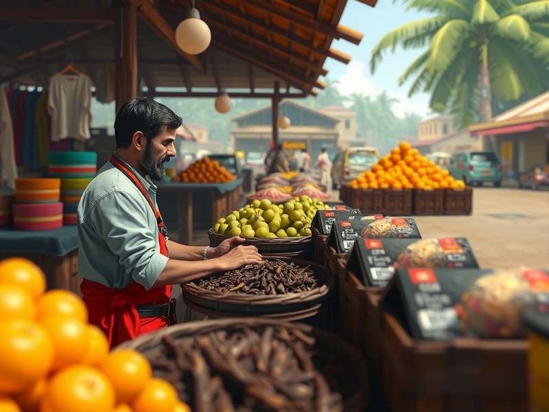 Clove Conquest - Trading Mechanics Clove Conquest gameplay showing a merchant negotiating prices at a Kerala market with clove bundles in the background